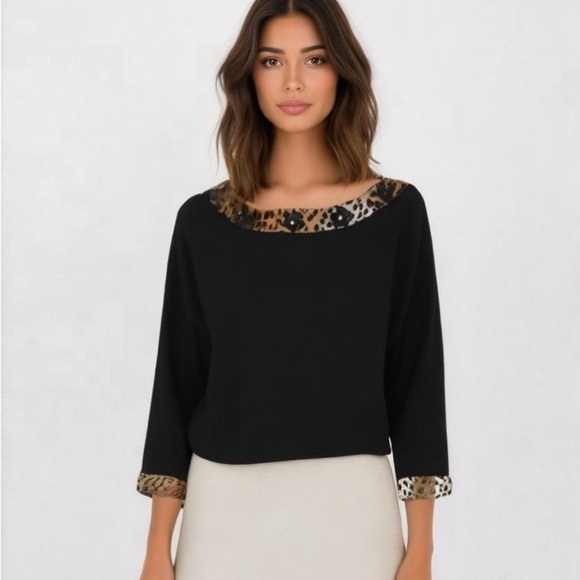 JOSEPH A Black‎ Knit Sweater Leopard Trim Size M/L NWOT - Picture 1 of 9